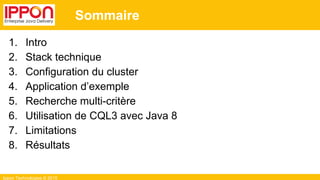 Ippon Technologies © 2015
Sommaire
1. Intro
2. Stack technique
3. Configuration du cluster
4. Application d’exemple
5. Recherche multi-critère
6. Utilisation de CQL3 avec Java 8
7. Limitations
8. Résultats
 