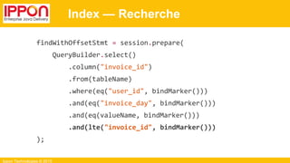 Ippon Technologies © 2015
Index — Recherche
findWithOffsetStmt = session.prepare(
QueryBuilder.select()
.column("invoice_id")
.from(tableName)
.where(eq("user_id", bindMarker()))
.and(eq("invoice_day", bindMarker()))
.and(eq(valueName, bindMarker()))
.and(lte("invoice_id", bindMarker()))
);
 