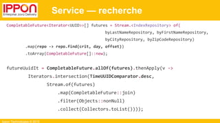 Ippon Technologies © 2015
Service — recherche
CompletableFuture<Iterator<UUID>>[] futures = Stream.<IndexRepository> of(
byLastNameRepository, byFirstNameRepository,
byCityRepository, byZipCodeRepository)
.map(repo -> repo.find(crit, day, offset))
.toArray(CompletableFuture[]::new);
futureUuidIt = CompletableFuture.allOf(futures).thenApply(v ->
Iterators.intersection(TimeUUIDComparator.desc,
Stream.of(futures)
.map(CompletableFuture::join)
.filter(Objects::nonNull)
.collect(Collectors.toList())));
 