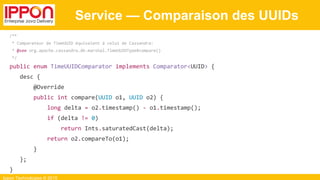 Ippon Technologies © 2015
Service — Comparaison des UUIDs
/**
* Comparateur de TimeUUID équivalent à celui de Cassandra:
* @see org.apache.cassandra.db.marshal.TimeUUIDType#compare()
*/
public enum TimeUUIDComparator implements Comparator<UUID> {
desc {
@Override
public int compare(UUID o1, UUID o2) {
long delta = o2.timestamp() - o1.timestamp();
if (delta != 0)
return Ints.saturatedCast(delta);
return o2.compareTo(o1);
}
};
}
 