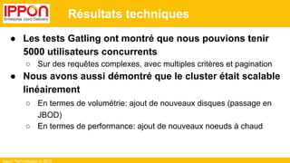 Ippon Technologies © 2015
Résultats techniques
● Les tests Gatling ont montré que nous pouvions tenir
5000 utilisateurs concurrents
○ Sur des requêtes complexes, avec multiples critères et pagination
● Nous avons aussi démontré que le cluster était scalable
linéairement
○ En termes de volumétrie: ajout de nouveaux disques (passage en
JBOD)
○ En termes de performance: ajout de nouveaux noeuds à chaud
 