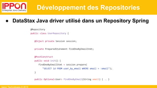 Ippon Technologies © 2015
Développement des Repositories
● DataStax Java driver utilisé dans un Repository Spring
@Repository
public class UserRepository {
@Inject private Session session;
private PreparedStatement findOneByEmailStmt;
@PostConstruct
public void init() {
findOneByEmailStmt = session.prepare(
"SELECT id FROM user_by_email WHERE email = :email");
}
public Optional<User> findOneByEmail(String email) { … }
 