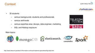 Context
• 30 students:
– various backgrounds: students and professionals
– various skill levels
– various expertise area: devops, data engineer, marketing
– SQL and Hadoop exposure
10http://www.telecom-paristech.fr/formation-continue/masteres-specialises/big-data.html
Main topics:
 