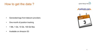 18
How to get the data ?
• Generated logs from telecom providers
• One month of position tracking
• 1 Mb, 1 Gb, 10 Gb, 100 Gb files
• Available on Amazon S3
 