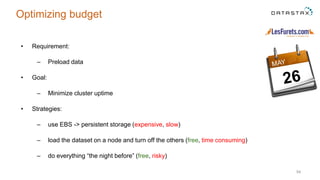 • Requirement:
– Preload data
• Goal:
– Minimize cluster uptime
• Strategies:
– use EBS -> persistent storage (expensive, slow)
– load the dataset on a node and turn off the others (free, time consuming)
– do everything “the night before” (free, risky)
54
Optimizing budget
 