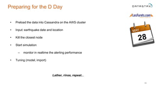 • Preload the data into Cassandra on the AWS cluster
• Input: earthquake date and location
• Kill the closest node
• Start simulation
– monitor in realtime the alerting performance
• Tuning (model, import)
Lather, rinse, repeat...
56
Preparing for the D Day
 
