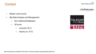 Context
• Master Level course
• Big Data Analysis and Management
– Non relational Databases
– 30 hours
• Lectures: 25 %
• Hand’s on: 75 %
9http://www.telecom-paristech.fr/formation-continue/masteres-specialises/big-data.html
 