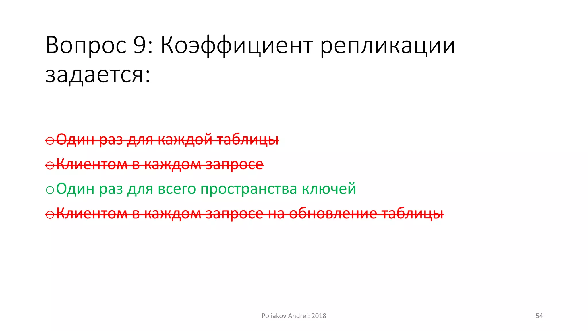 Вопрос 9: Коэффициент репликации
задается:
oОдин раз для каждой таблицы
oКлиентом в каждом запросе
oОдин раз для всего пространства ключей
oКлиентом в каждом запросе на обновление таблицы
Poliakov Andrei: 2018 54
 
