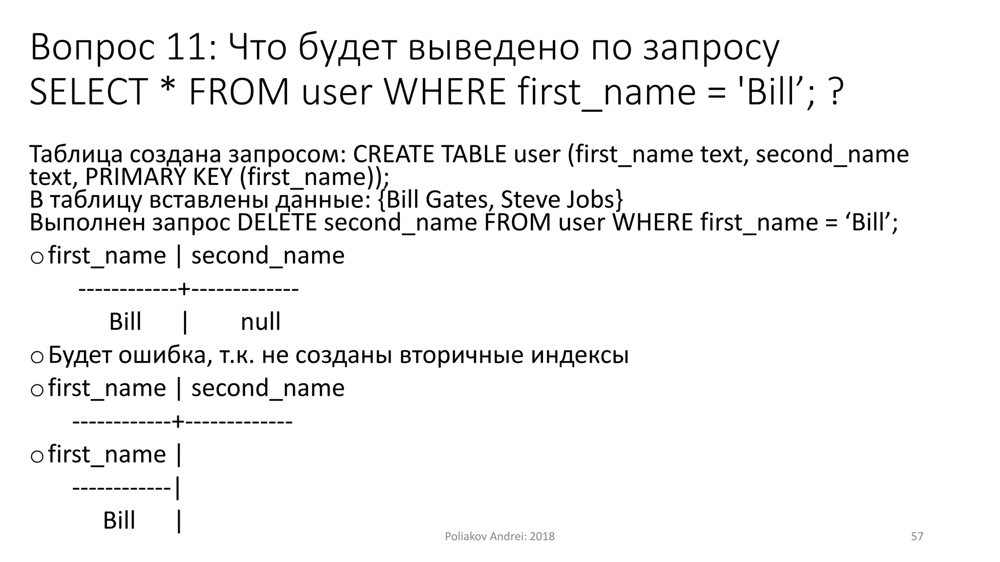 Вопрос 11: Что будет выведено по запросу
SELECT * FROM user WHERE first_name = 'Bill’; ?
Таблица создана запросом: CREATE TABLE user (first_name text, second_name
text, PRIMARY KEY (first_name));
В таблицу вставлены данные: {Bill Gates, Steve Jobs}
Выполнен запрос DELETE second_name FROM user WHERE first_name = ‘Bill’;
ofirst_name | second_name
------------+-------------
Bill | null
oБудет ошибка, т.к. не созданы вторичные индексы
ofirst_name | second_name
------------+-------------
ofirst_name |
------------|
Bill | Poliakov Andrei: 2018 57
 