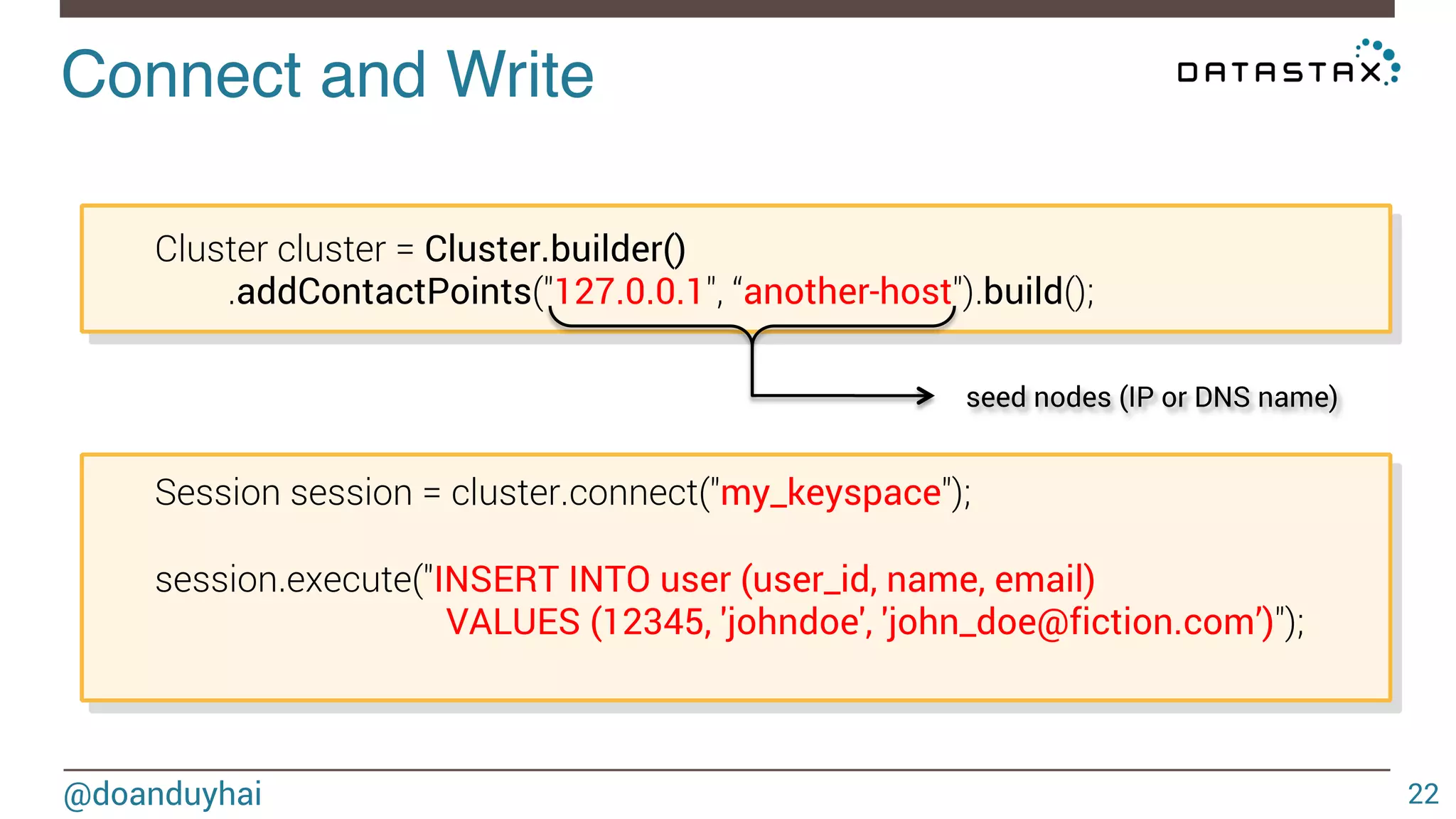 Connect and Write! 
@doanduyhai 
22 
Cluster cluster = Cluster.builder() 
.addContactPoints("127.0.0.1", “another-host").build(); 
seed nodes (IP or DNS name) 
Session session = cluster.connect("my_keyspace"); 
session.execute("INSERT INTO user (user_id, name, email) 
VALUES (12345, 'johndoe', 'john_doe@fiction.com’)"); 
 