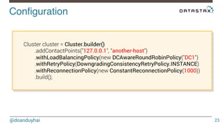 Configuration! 
@doanduyhai 
23 
Cluster cluster = Cluster.builder() 
.addContactPoints("127.0.0.1", “another-host") 
.wit...