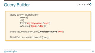 Query Builder! 
Query query = QueryBuilder 
.select() 
.all() 
.from( "my_keyspace", "user") 
.where(eq("login", "jdoe"));...