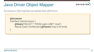 Java Driver Object Mapper! 
Accessors (SpringData template-like) definition 
@doanduyhai 
41 
@Accessor 
interface UserAcc...