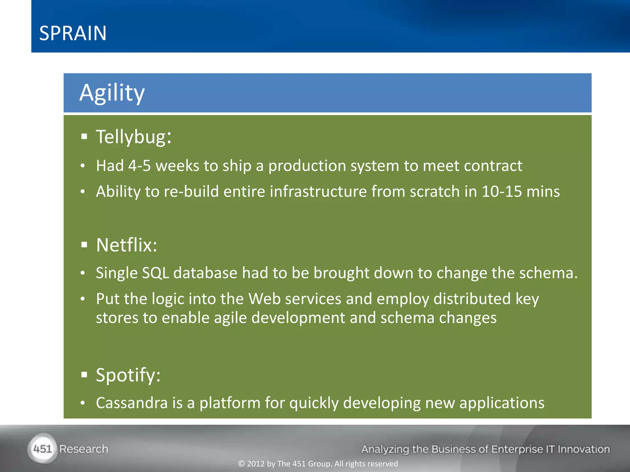SPRAIN

   Agility
    Tellybug:
   • Had 4-5 weeks to ship a production system to meet contract
   • Ability to re-build entire infrastructure from scratch in 10-15 mins


    Netflix:
   • Single SQL database had to be brought down to change the schema.
   • Put the logic into the Web services and employ distributed key
     stores to enable agile development and schema changes


    Spotify:
   • Cassandra is a platform for quickly developing new applications


                          © 2012 by The 451 Group. All rights reserved
 
