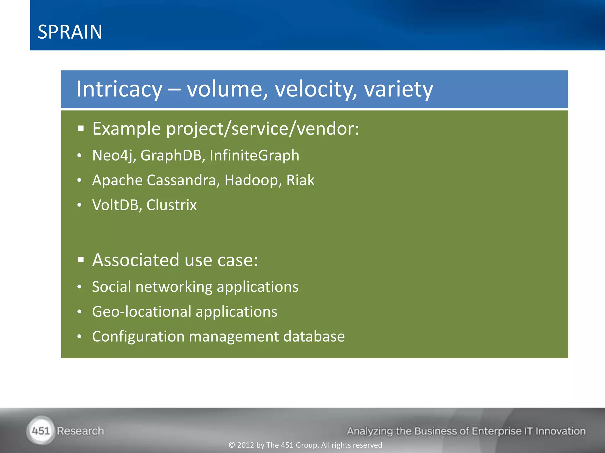SPRAIN

   Intricacy – volume, velocity, variety
    Example project/service/vendor:
   • Neo4j, GraphDB, InfiniteGraph
   • Apache Cassandra, Hadoop, Riak
   • VoltDB, Clustrix


    Associated use case:
   • Social networking applications
   • Geo-locational applications
   • Configuration management database




                        © 2012 by The 451 Group. All rights reserved
 