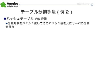 テーブル分割手法（例 2 ） ハッシュテーブルでの分割 分散対象をハッシュ化してそのハッシュ値を元にサーバの分割を行う 