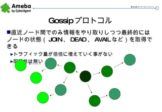 Gossip プロトコル 直近ノード間でのみ情報をやり取りしつつ最終的にはノードの状態（ JOIN 、 DEAD 、 AVAIL など）を取得できる トラフィック量が倍倍に増えていく事がない 即時性は無い 