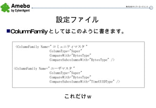 設定ファイル ColumnFamily としてはこのように書きます。 これだけｗ <ColumnFamily Name=" コミュニティマスタ " ColumnType="Super" CompareWith="BytesType" CompareSubcolumnsWith="BytesType" /> <ColumnFamily Name=" ユーザマスタ " ColumnType="Super" CompareWith="BytesType" CompareSubcolumnsWith="TimeUUIDType" /> 