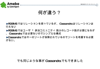 何が違う？ RDBMS ではリレーションを使っているが、 Cassandra はリレーションは行えない RDBMS ではユーザ  *  参加コミュニティ 数分のレコード数が必要になるが、 Cassandra では必要ないのでシンプルな構成 Cassandra ではキーのソートが保障されているのでソートを考慮する必要がない。 でも同じような事が Cassandra でもできました 