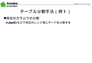 テーブル分割手法（例 1 ） 特定のカラムでの分割 UserID などで特定のレンジ毎にサーバを分割する 
