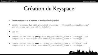 Création du Keyspace
•   1 seule personne crée le keyspace et la column family (Nicolas)

•   create keyspace ks with placement_strategy = 'NetworkTopologyStrategy'
    and strategy_options ={1:3,2:3,3:3};

•   use ks;

•   create column family party with key_validation_class = 'UTF8Type' and
    comparator = 'UTF8Type' and default_validation_class = 'UTF8Type';

•   create column family user with key_validation_class = 'UTF8Type' and
    comparator = 'UTF8Type' and default_validation_class = 'UTF8Type';



                                                                             17
 