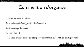 Comment on s’organise

1. Mise en place du réseau

2. Installation / Conﬁguration de Cassandra

3. Démarrage du cluster

4. Have Fun :-)

   Si vous avez un doute ou êtes perdu : demandez au STAFF, on est là pour ça!


                                                                                 6
 