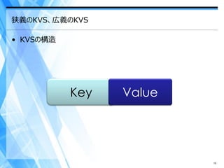 狭義のKVS、広義のKVS

• KVSの構造




           Key   Value




                         15
 