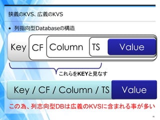 狭義のKVS、広義のKVS

• 列指向型Databaseの構造


Key CF Column TS          Value

            これらをKEYと見なす


 Key / CF / Column / TS   Value
この為、列志向型DBは広義のKVSに含まれる事が多い
                                  16
 