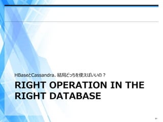 HBaseとCassandra、結局どっちを使えばいいの？

RIGHT OPERATION IN THE
RIGHT DATABASE

                                61
 