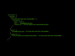 "my_cluster": {
  "demo_app": {
    "users": {
       "b2c75e99-e079-449d-b562-293dfdbf006e": {
         "attributes": {
           "name": "Vitaly",
           "email": "vitaly@astrails.com",
           "remember_me": "74c4f3a2c85b66f216211edd5245d25ba251d83e"
         }
       }
    },
    "emails": {
       "vitaly@astrails.com": "b2c75e99-e079-449d-b562-293dfdbf006e",
    }
    "remember_me": {
       "74c4f3a2c85b66f216211edd5245d25ba251d83e": "b2c75e99-e079-449d-b562-293dfdbf006e",
    }
  }
}
 