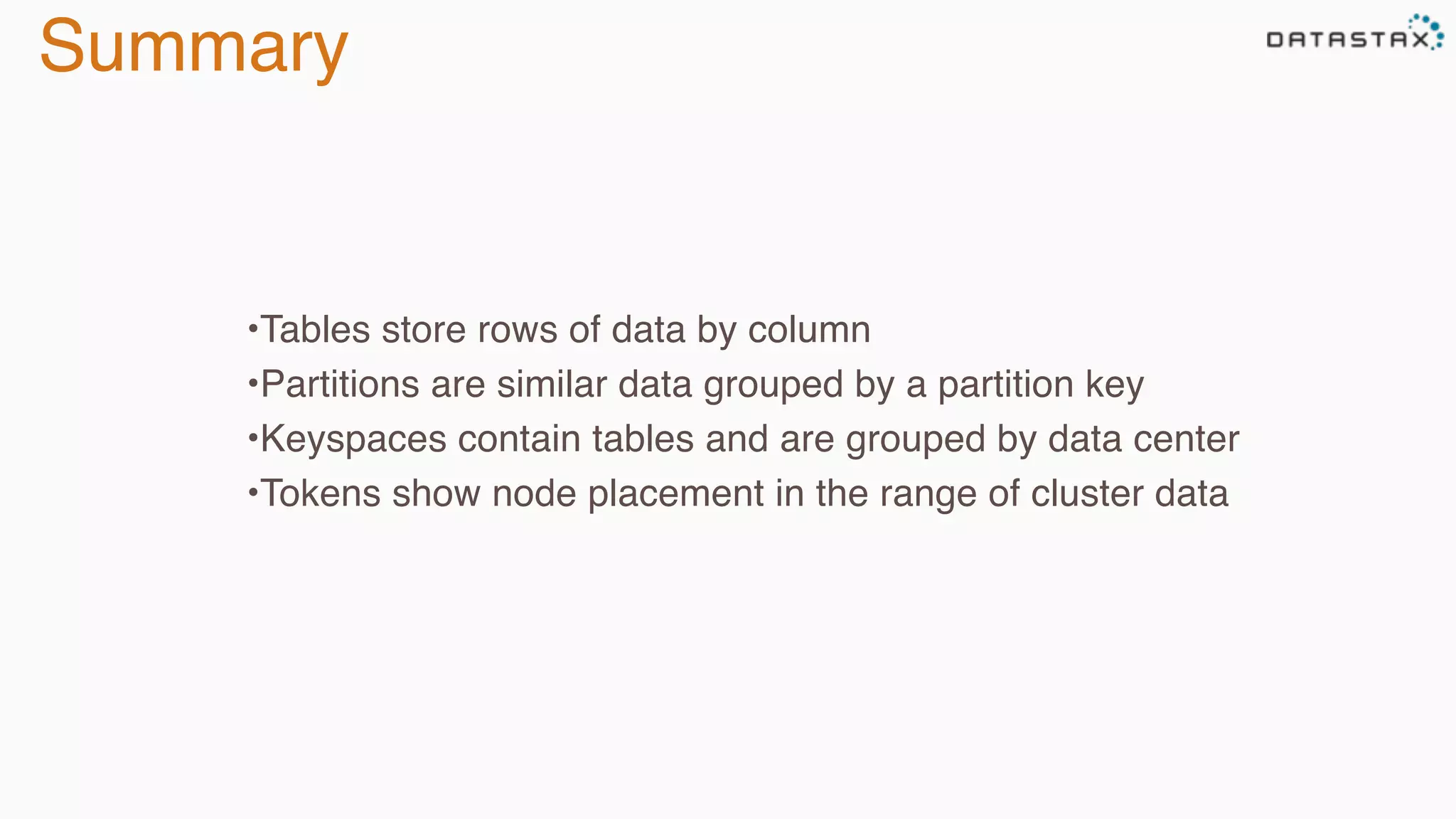 Summary
•Tables store rows of data by column
•Partitions are similar data grouped by a partition key
•Keyspaces contain tables and are grouped by data center
•Tokens show node placement in the range of cluster data
 