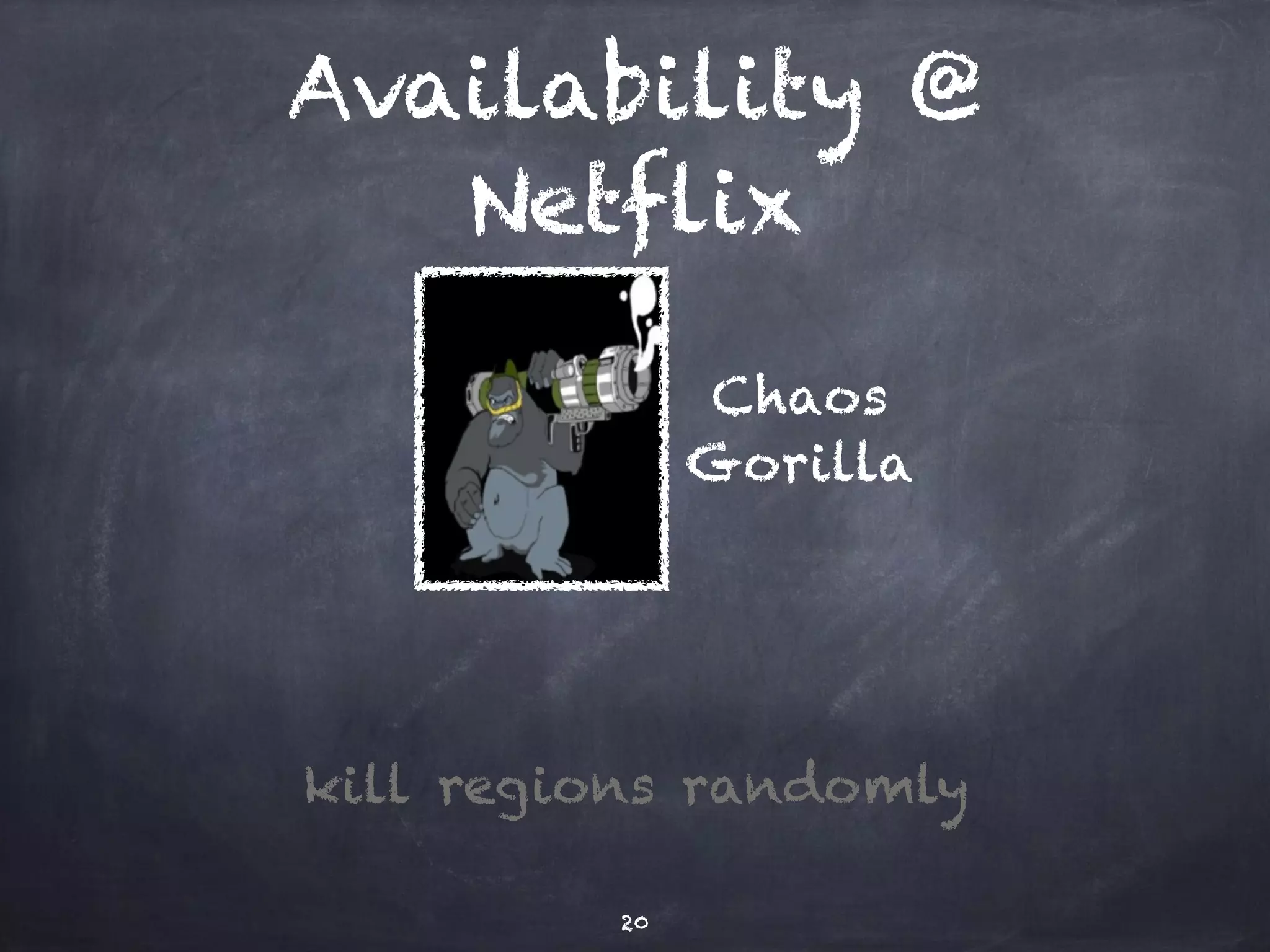 Availability @ 
Netflix 
20 
Chaos 
Gorilla 
kill regions randomly 
 