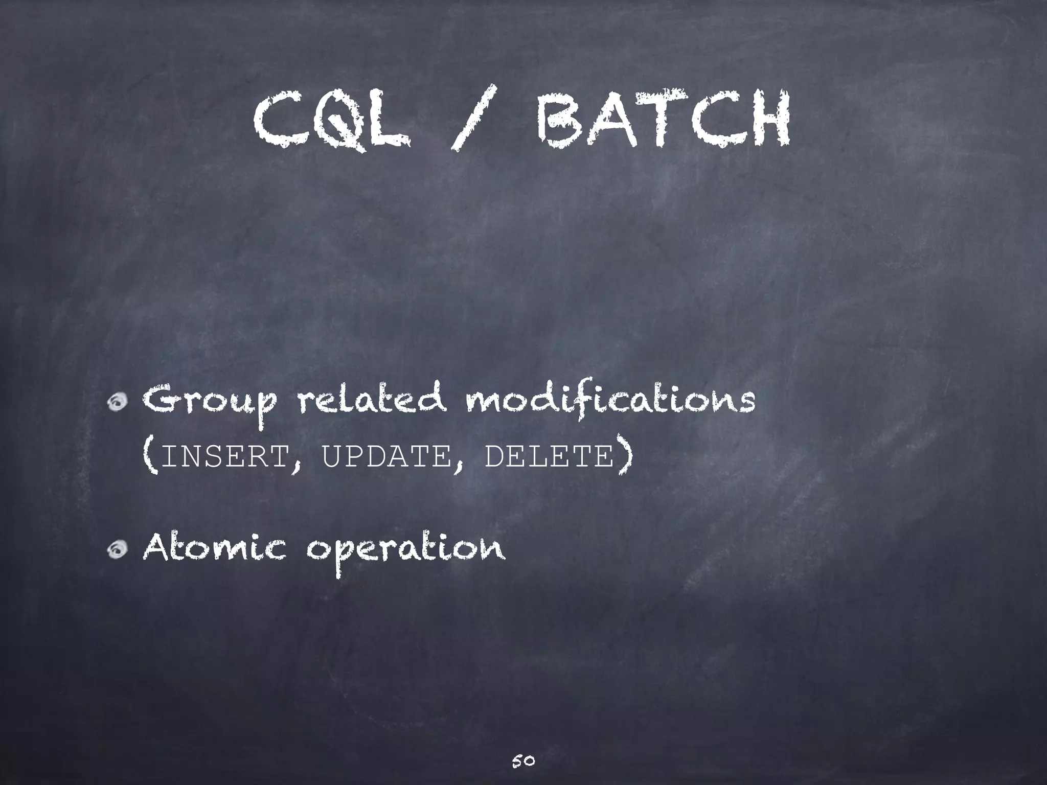 CQL collection 
types 
list < foo > 
set < foo > 
map < foo , bar > 
Since C* 2.1 collections can contain 
any type - even other collections. 
50 
 