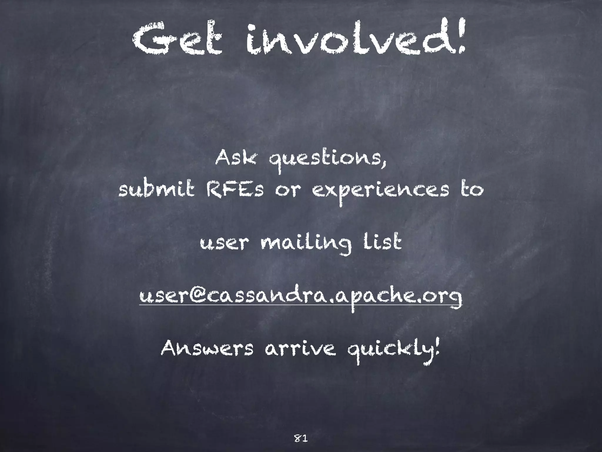 C* 3.0 UDFs 
Users create functions using 
CREATE FUNCTION … 
LANGUAGE … 
AS … 
Java, JavaScript, Scala, Groovy, 
JRuby, Jython 
Functions work on all nodes 
81 
 