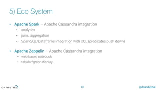 @doanduyhai
5) Eco System
13
•  Apache Spark – Apache Cassandra integration
•  analytics
•  joins, aggregation
•  SparkSQL/Dataframe integration with CQL (predicates push down)
•  Apache Zeppelin – Apache Cassandra integration
•  web-based notebook
•  tabular/graph display
 