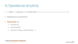4) Operational simplicity
© 2016 DataStax, All Rights Reserved.
 11
•  1 node = 1 process + 2 conﬁg ﬁles (cassandra.yaml + cassandra-rackdc.properties)
•  deployment automation
•  OpsCenter for
•  monitoring
•  provisioning*
•  services* (repair, performance, …)
* only with Datastax Enterprise
 