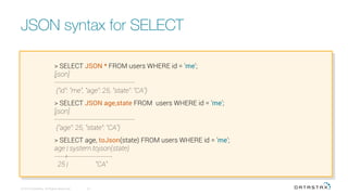 JSON syntax for SELECT
© 2016 DataStax, All Rights Reserved.
 73
> SELECT JSON * FROM users WHERE id = 'me';
[json]
----------------------------------------
{"id": "me", "age": 25, "state": "CA”}
> SELECT JSON age,state FROM users WHERE id = 'me';
[json]
----------------------------------------
{"age": 25, "state": "CA"}
> SELECT age, toJson(state) FROM users WHERE id = 'me';
age | system.tojson(state)
-----+----------------------
25 | "CA"
 