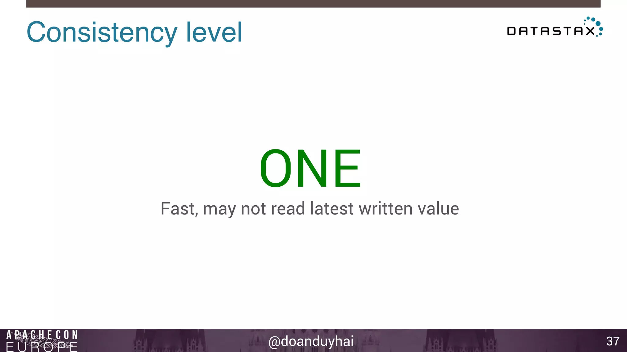 @doanduyhai 
Consistency level! 
37 
ONE 
Fast, may not read latest written value 
 