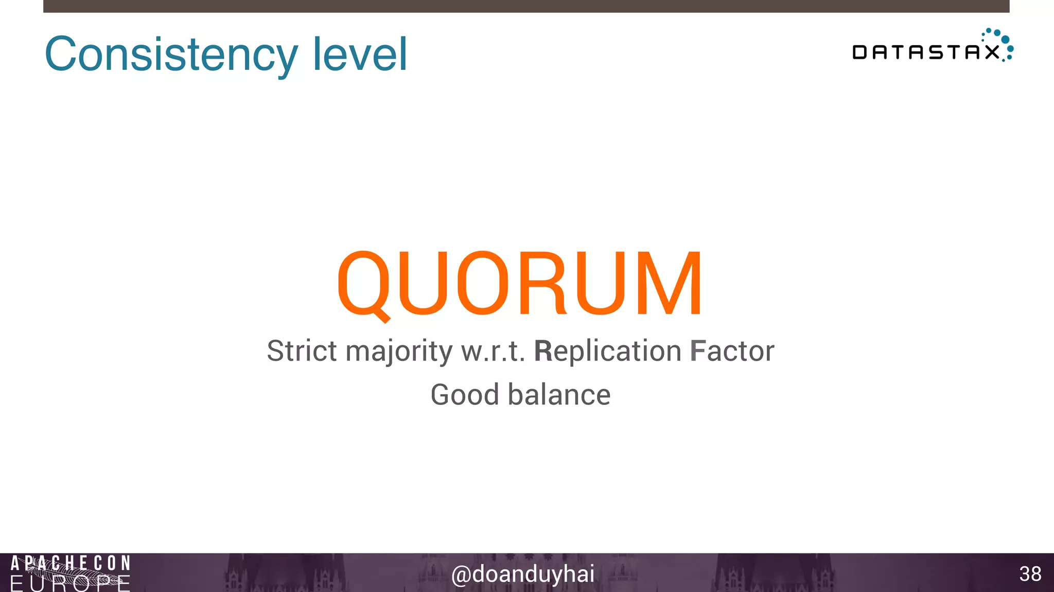 @doanduyhai 
Consistency level! 
38 
QUORUM 
Strict majority w.r.t. Replication Factor 
Good balance 
 