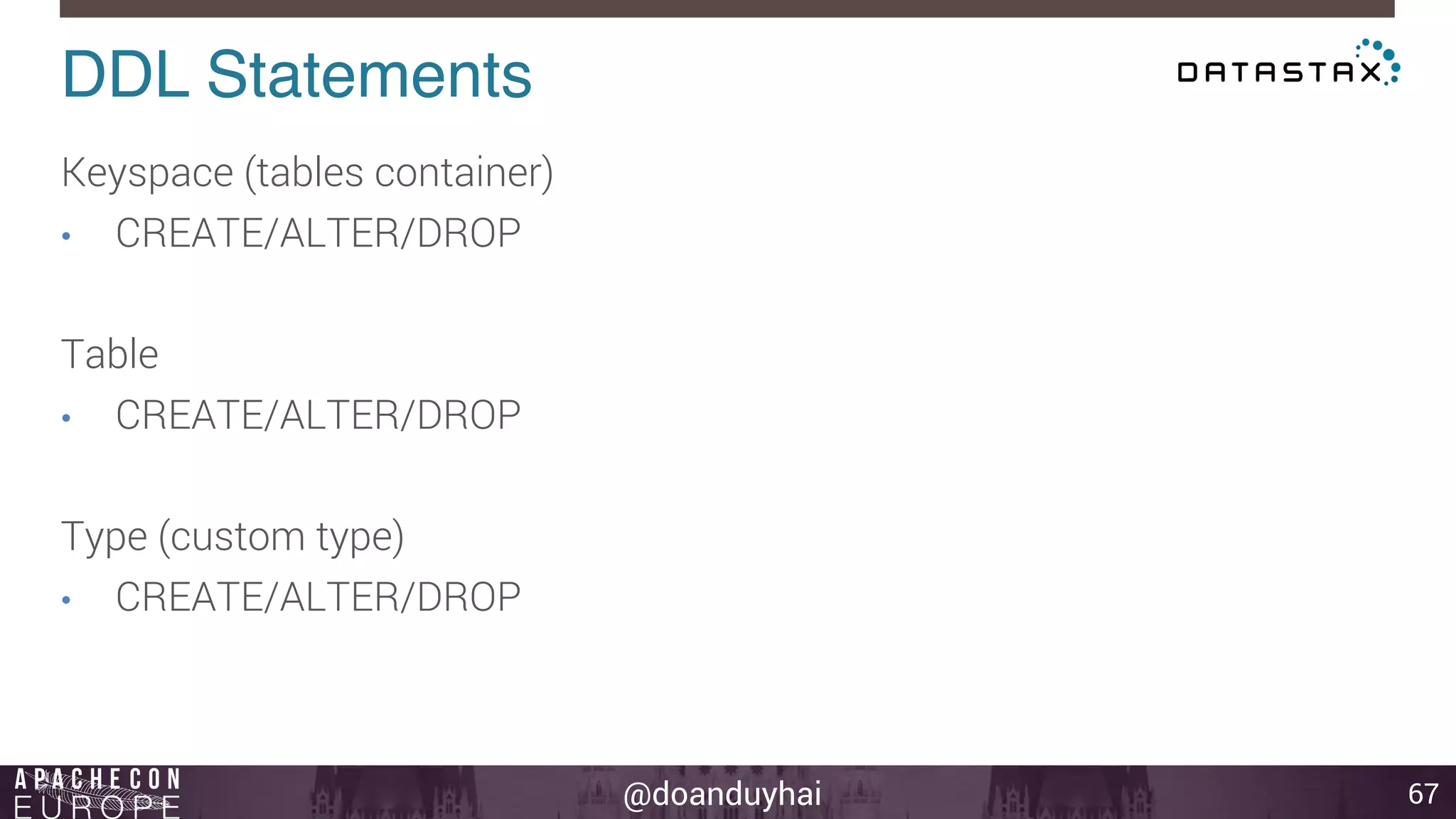 @doanduyhai 
DDL Statements! 
67 
Keyspace (tables container) 
• CREATE/ALTER/DROP 
Table 
• CREATE/ALTER/DROP 
Type (custom type) 
• CREATE/ALTER/DROP 
 