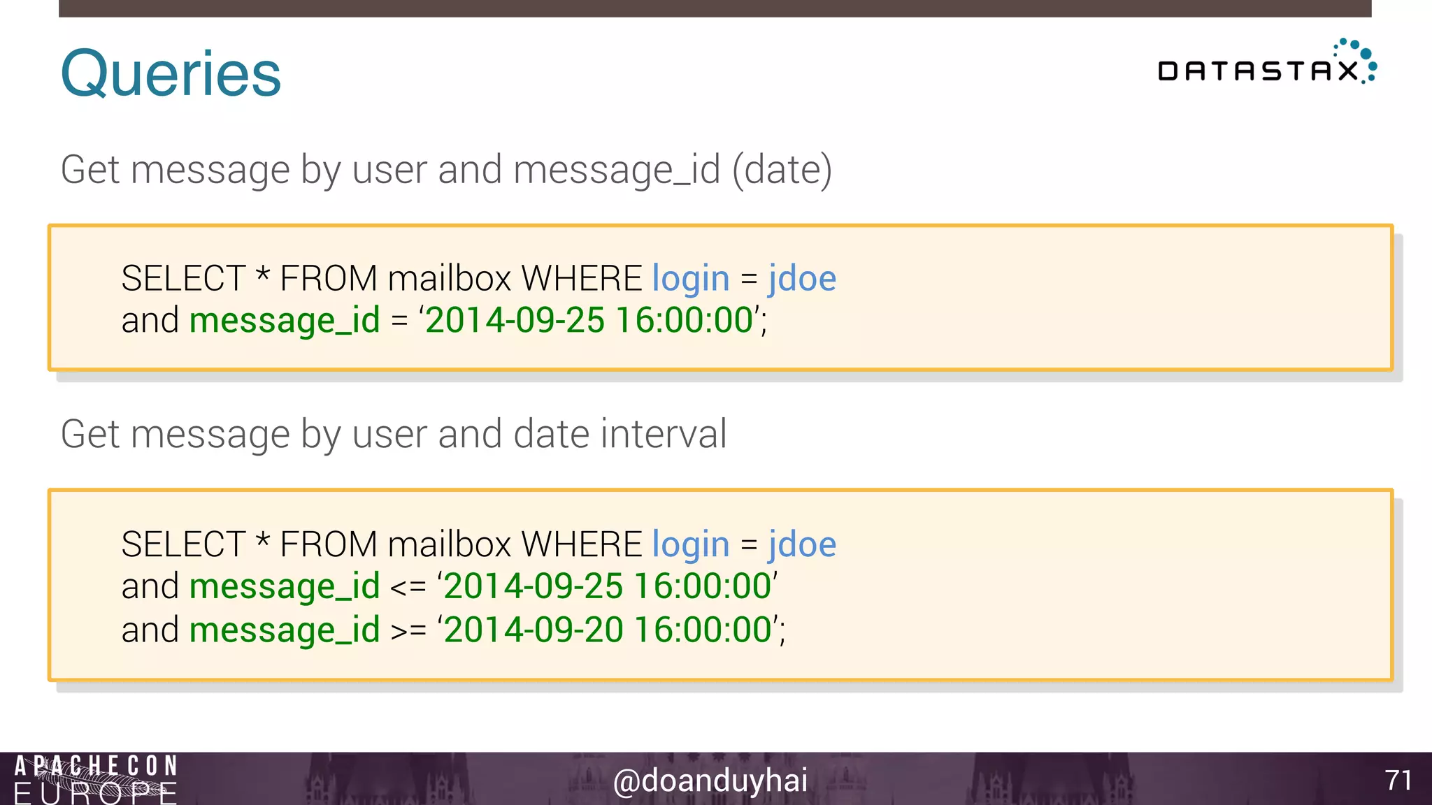 @doanduyhai 
Queries! 
71 
Get message by user and message_id (date) 
SELECT * FROM mailbox WHERE login = jdoe 
and message_id = ‘2014-09-25 16:00:00’; 
Get message by user and date interval 
SELECT * FROM mailbox WHERE login = jdoe 
and message_id <= ‘2014-09-25 16:00:00’ 
and message_id >= ‘2014-09-20 16:00:00’; 
 