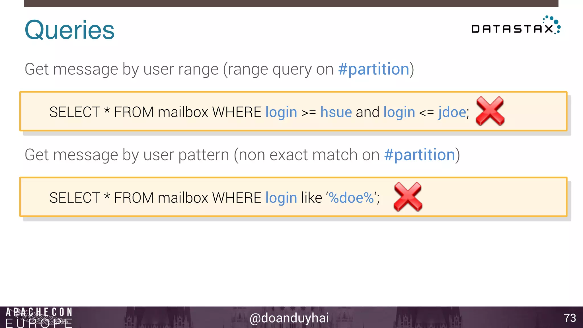 Get message by user range (range query on #partition) 
Get message by user pattern (non exact match on #partition) 
@doanduyhai 
Queries! 
73 
SELECT * FROM mailbox WHERE login >= hsue and login <= jdoe; 
SELECT * FROM mailbox WHERE login like ‘%doe%‘; 
 