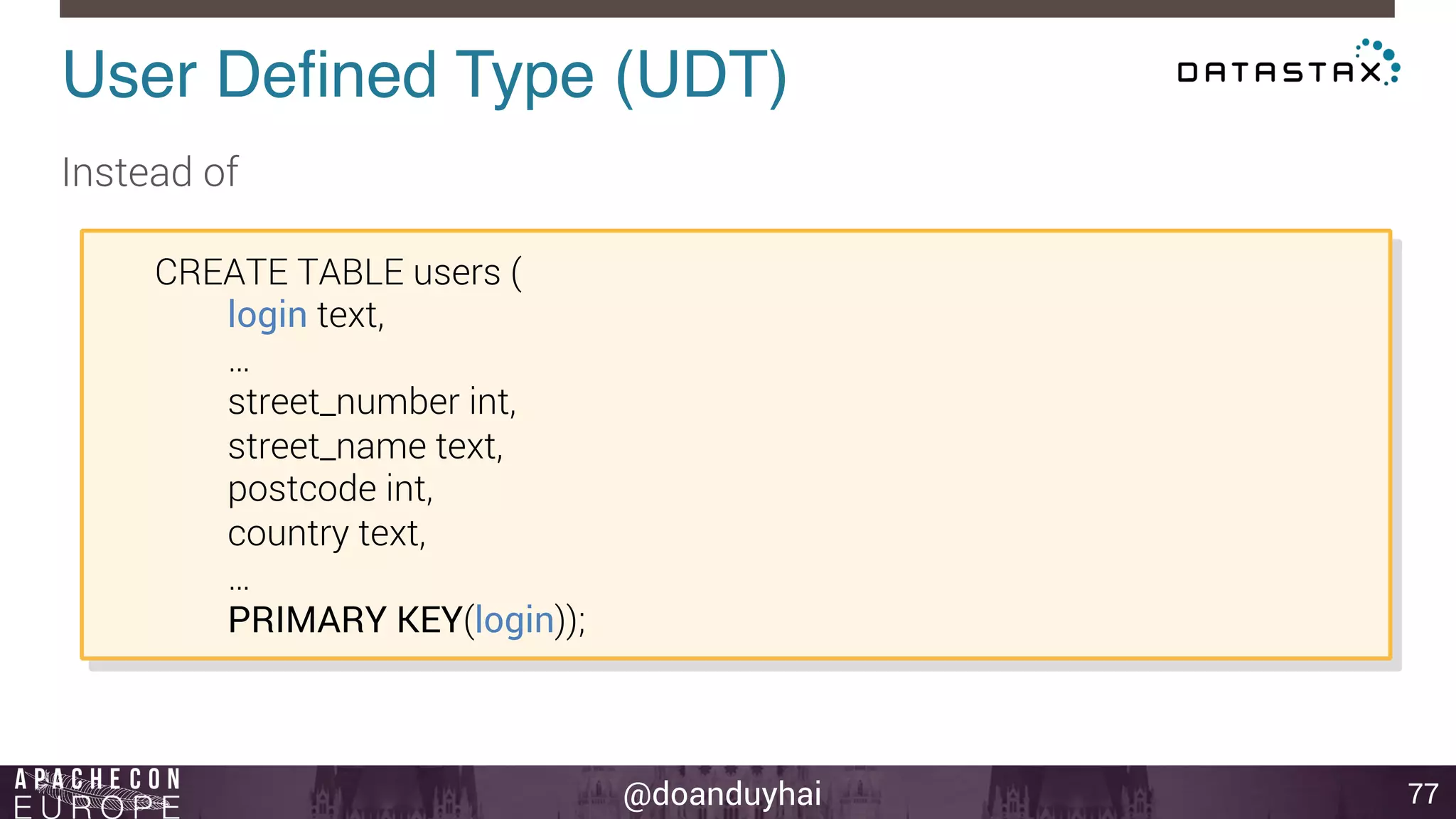 User Defined Type (UDT)! 
@doanduyhai 
77 
Instead of 
CREATE TABLE users ( 
login text, 
… 
street_number int, 
street_name text, 
postcode int, 
country text, 
… 
PRIMARY KEY(login)); 
 