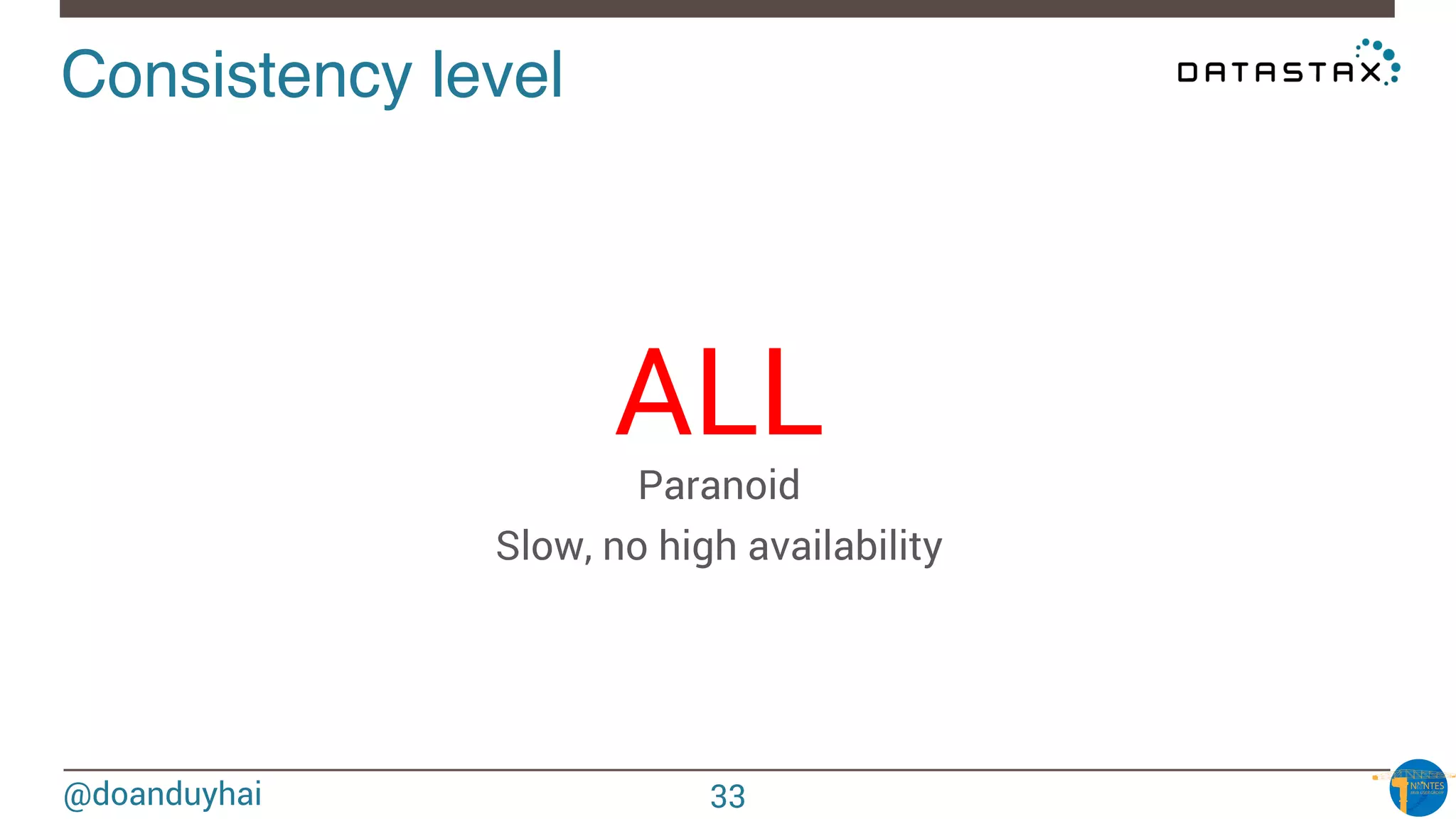 @doanduyhai
Consistency level!
ALL
Paranoid
Slow, no high availability
33
 