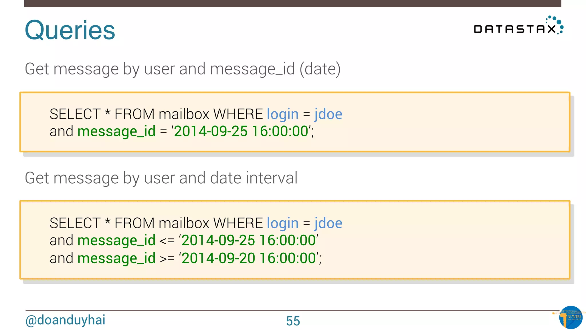 @doanduyhai
Queries!
Get message by user and message_id (date)

SELECT * FROM mailbox WHERE login = jdoe 

and message_id = ‘2014-09-25 16:00:00’;
Get message by user and date interval

SELECT * FROM mailbox WHERE login = jdoe 

and message_id <= ‘2014-09-25 16:00:00’

and message_id >= ‘2014-09-20 16:00:00’;
55
 