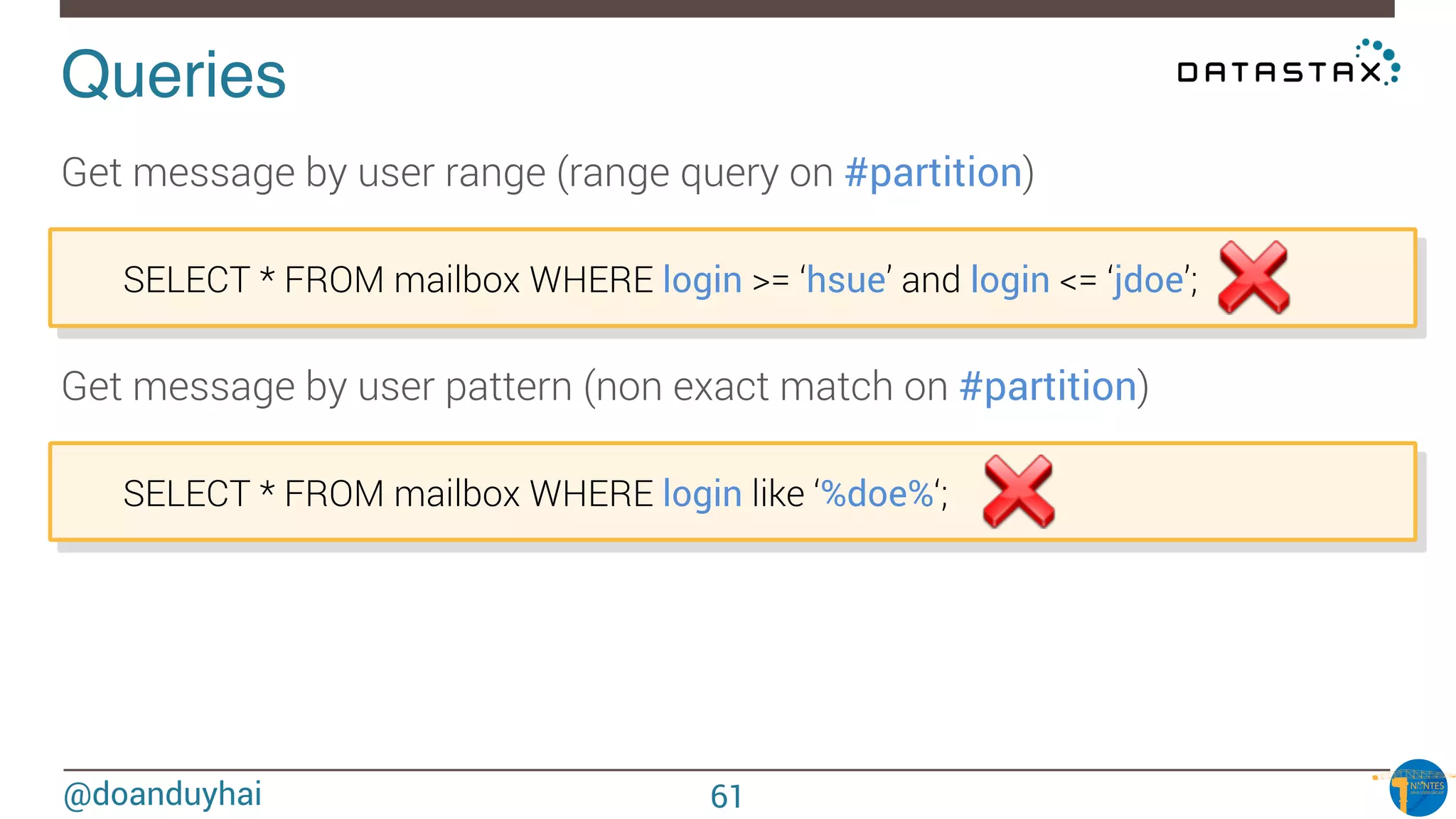 @doanduyhai
Queries!

SELECT * FROM mailbox WHERE login >= ‘hsue’ and login <= ‘jdoe’;
Get message by user range (range query on #partition)

SELECT * FROM mailbox WHERE login like ‘%doe%‘;
Get message by user pattern (non exact match on #partition)
61
 