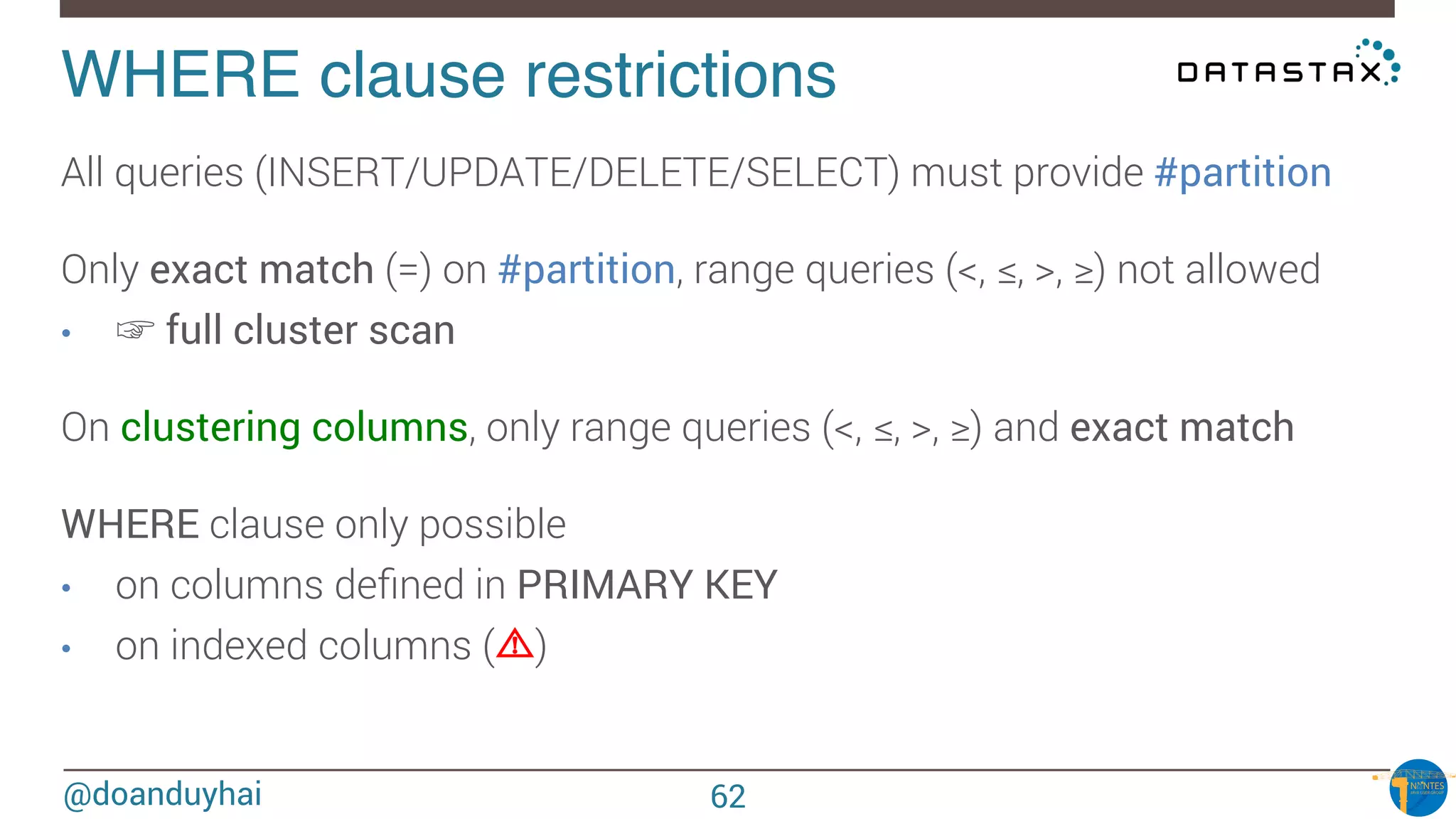 @doanduyhai
WHERE clause restrictions!
All queries (INSERT/UPDATE/DELETE/SELECT) must provide #partition
Only exact match (=) on #partition, range queries (<, ≤, >, ≥) not allowed
•  ☞ full cluster scan

On clustering columns, only range queries (<, ≤, >, ≥) and exact match 

WHERE clause only possible
•  on columns deﬁned in PRIMARY KEY
•  on indexed columns ( )
62
 