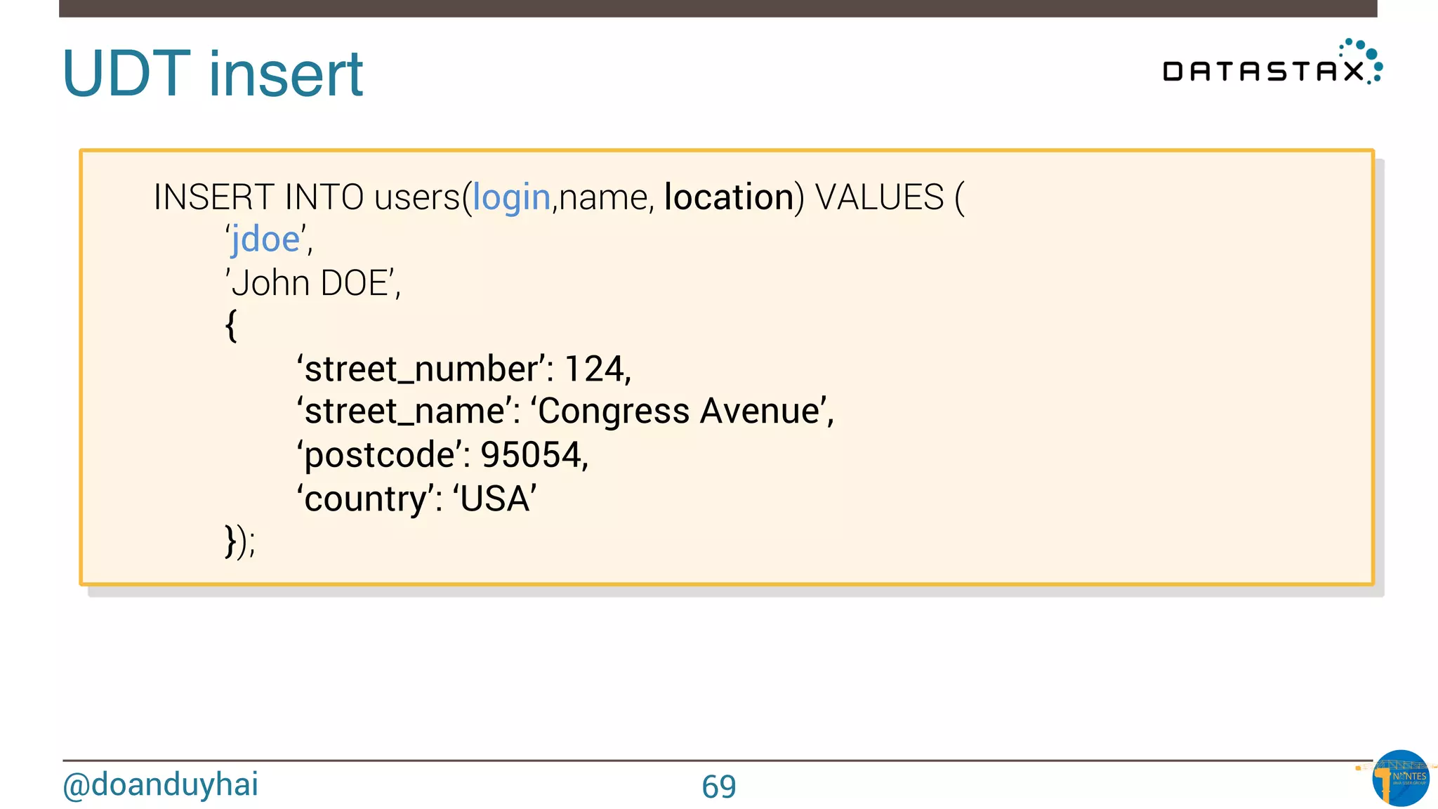 @doanduyhai
UDT insert!

INSERT INTO users(login,name, location) VALUES (

 
‘jdoe’, 

 
’John DOE’,

 
{
‘street_number’: 124,
‘street_name’: ‘Congress Avenue’,
‘postcode’: 95054,
‘country’: ‘USA’
});
69
 