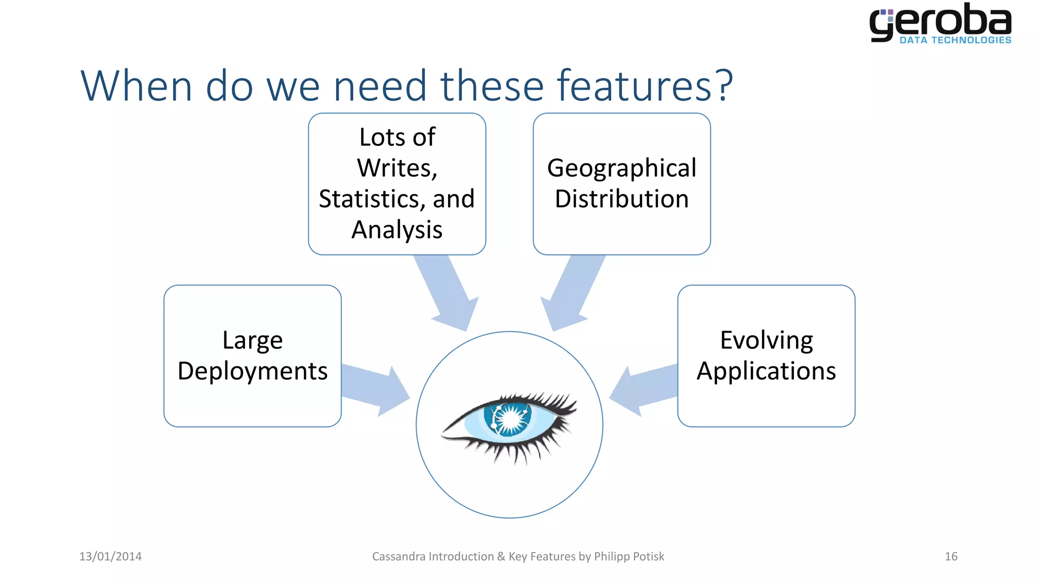 When do we need these features?
Lots of
Writes,
Statistics, and
Analysis

Geographical
Distribution

Large
Deployments

13/01/2014

Evolving
Applications

Cassandra Introduction & Key Features by Philipp Potisk

16

 