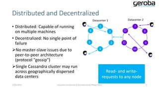 Distributed and Decentralized
Datacenter 1

• Distributed: Capable of running
on multiple machines
• Decentralized: No single point of
failure
No master-slave issues due to
peer-to-peer architecture
(protocol "gossip")
Single Cassandra cluster may run
across geographically dispersed
data centers
13/01/2014

Datacenter 2

1

7

6

2

5

3

4

12

8

11

9
10

Read- and writerequests to any node

Cassandra Introduction & Key Features by Philipp Potisk

5

 